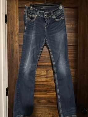 Silver Jeans Distressed Dark Blue Bootcut Jeans